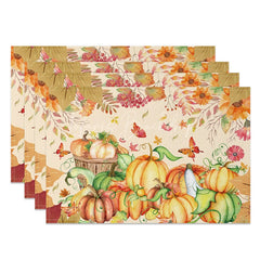 Lofaris Yellow Pumpkin with Butterfly and Floral Set of 4 Placemats for Fall Autumn Thanksgiving Decor