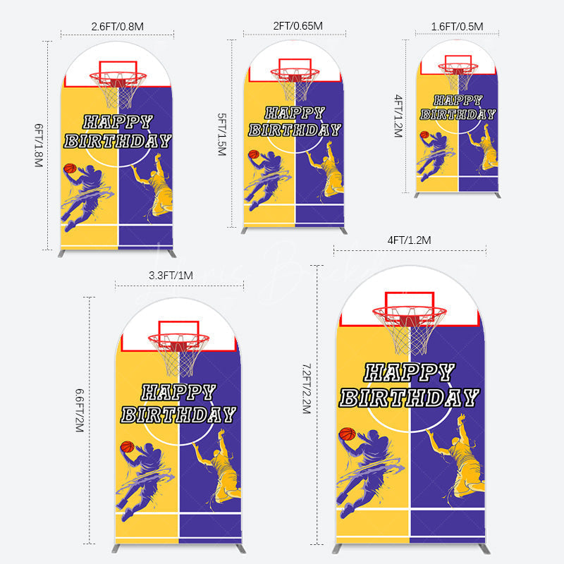 Lofaris Yellow Purple Basketball Field Birthday Arch Backdrop