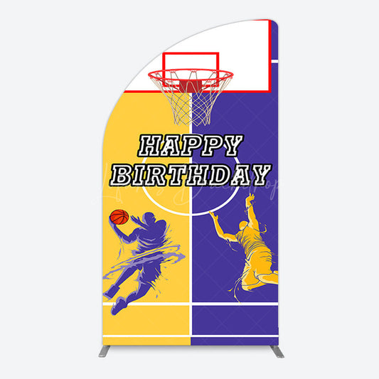 Lofaris Yellow Purple Basketball Field Birthday Half Moon Arch Backdrop