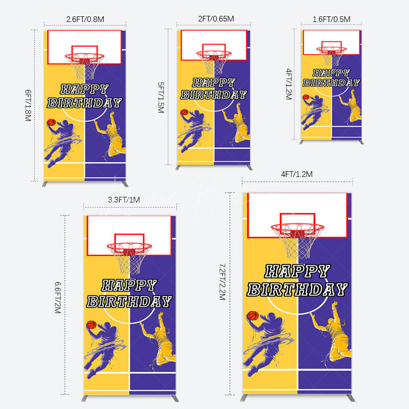 Lofaris Yellow Purple Basketball Field Birthday Rectangle Backdrop