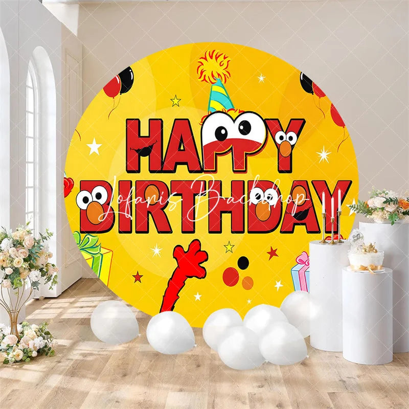 Lofaris Yellow Round Birthday Backdrop with Red Cartoon Monster Character Eyes Happy Party Photo Banner