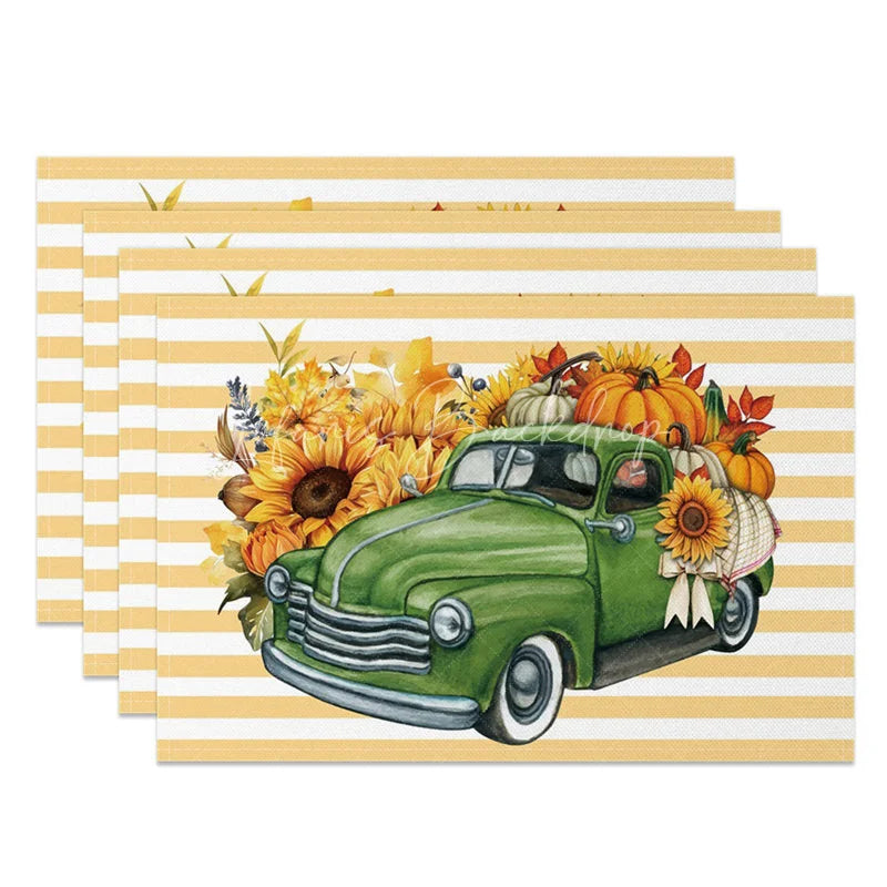 Lofaris Yellow Stripe Truck with Pumpkins Set of 4 Placemats for Fall Farmhouse and Autumn Harvest Decor