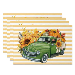 Lofaris Yellow Stripe Truck with Pumpkins Set of 4 Placemats for Fall Farmhouse and Autumn Harvest Decor