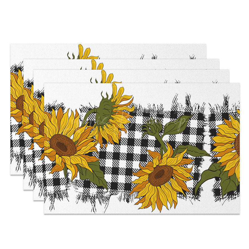 Lofaris Yellow Sunflower Black White Plaid Set Of 4 Placemats