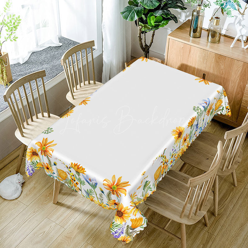Lofaris Yellow Sunflowers Edge White Rectangle Tablecloth