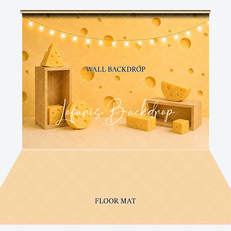 Lofaris Yellow Swiss Cheese and Wooden Crates Combo Set Backdrop Whimsical Kids Birthday Cake Smash Party Portrait Decor