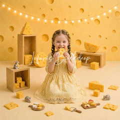 Lofaris Yellow Swiss Cheese and Wooden Crates Combo Set Backdrop Whimsical Kids Birthday Cake Smash Party Portrait Decor