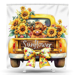 Lofaris Yellow Truck Cow Bow Sunflower Summer Shower Curtain