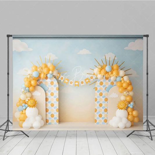 Lofaris You Are My Sunshine Birthday Backdrop Blue Sky and Yellow Sun Cake Smash Photography Background