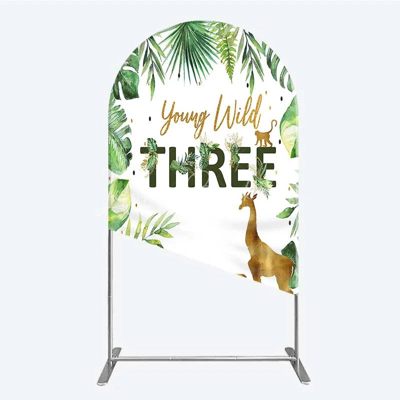 Lofaris Young Wild Three Arch Backdrop Safari Jungle Animals and Tropical Leaves Background 3rd Birthday One Party Decor