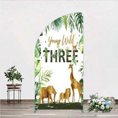 Lofaris Young Wild Three Half Moon Arch Backdrop Safari Jungle Animals and Tropical Leaves Background 3rd Birthday One Party Decor