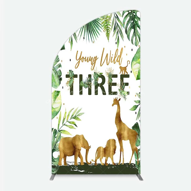 Lofaris Young Wild Three Half Moon Arch Backdrop Safari Jungle Animals and Tropical Leaves Background 3rd Birthday One Party Decor