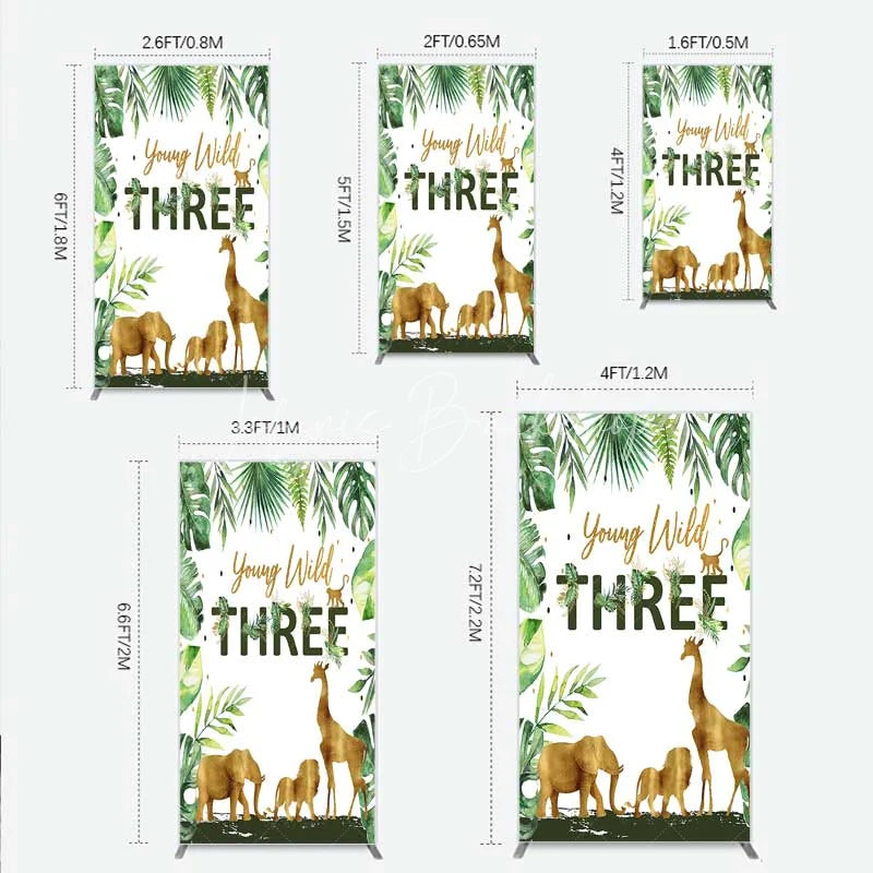 Lofaris Young Wild Three Rectangle Backdrop Safari Jungle Animals and Tropical Leaves Background 3rd Birthday One Party Decor