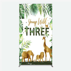 Lofaris Young Wild Three Rectangle Backdrop Safari Jungle Animals and Tropical Leaves Background 3rd Birthday One Party Decor