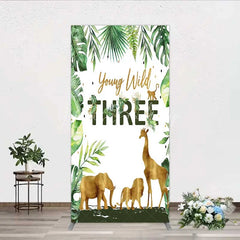 Lofaris Young Wild Three Rectangle Backdrop Safari Jungle Animals and Tropical Leaves Background 3rd Birthday One Party Decor