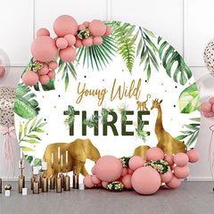 Lofaris Young Wild Three Round Backdrop Safari Jungle Animals and Tropical Leaves Background 3rd Birthday One Party Decor