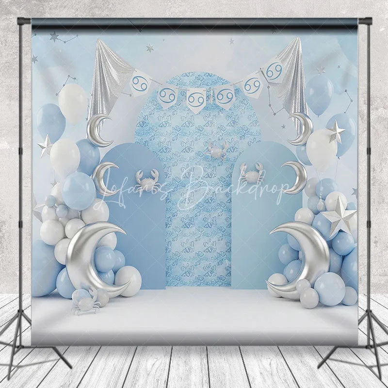 Lofaris Zodiac Cancer Birthday Backdrop Blue Sky with Silver Moon and Crab Cake Smash Background