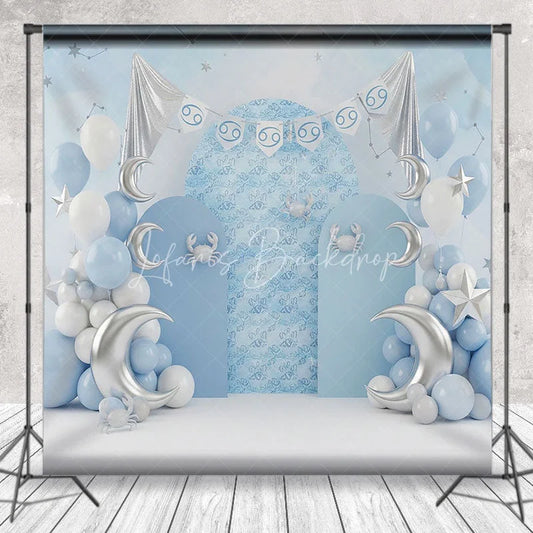 Lofaris Zodiac Cancer Birthday Backdrop Blue Sky with Silver Moon and Crab Cake Smash Background