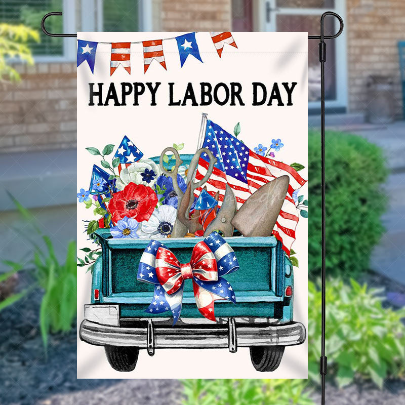Lofaris Lofris Retro Green Car Floral Happy Labor Day Garden Flag