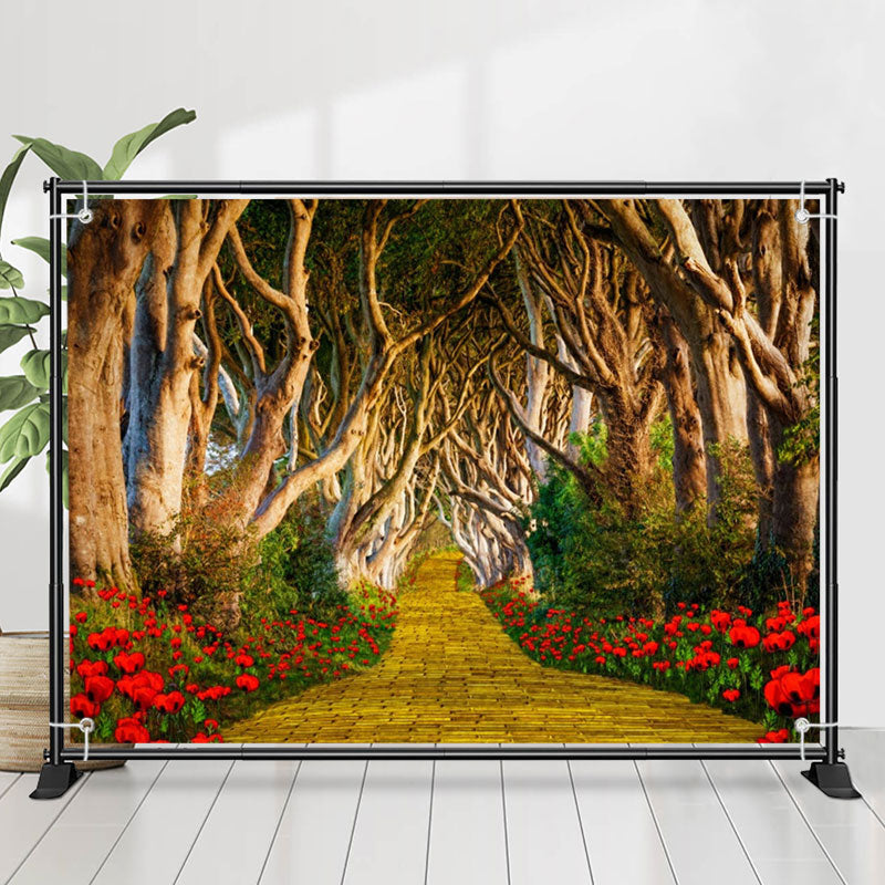Lofaris Long Brick Road Forest Red Flower Spring Backdrop
