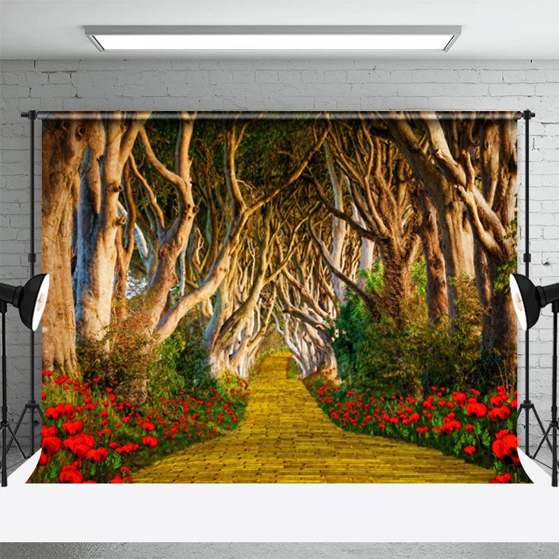 Lofaris Long Brick Road Forest Red Flower Spring Backdrop