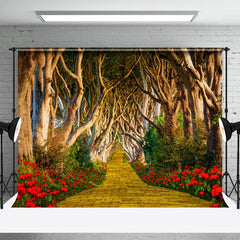 Lofaris Long Brick Road Forest Red Flower Spring Backdrop