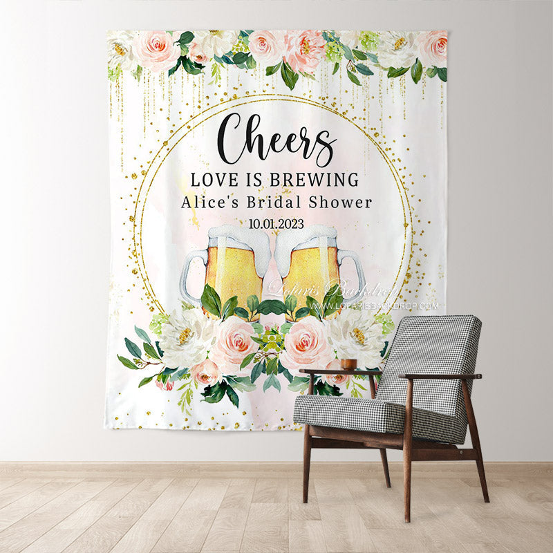 Lofaris Love Is Brewing Beer Pink Floral Backdrop for Bridal Shower