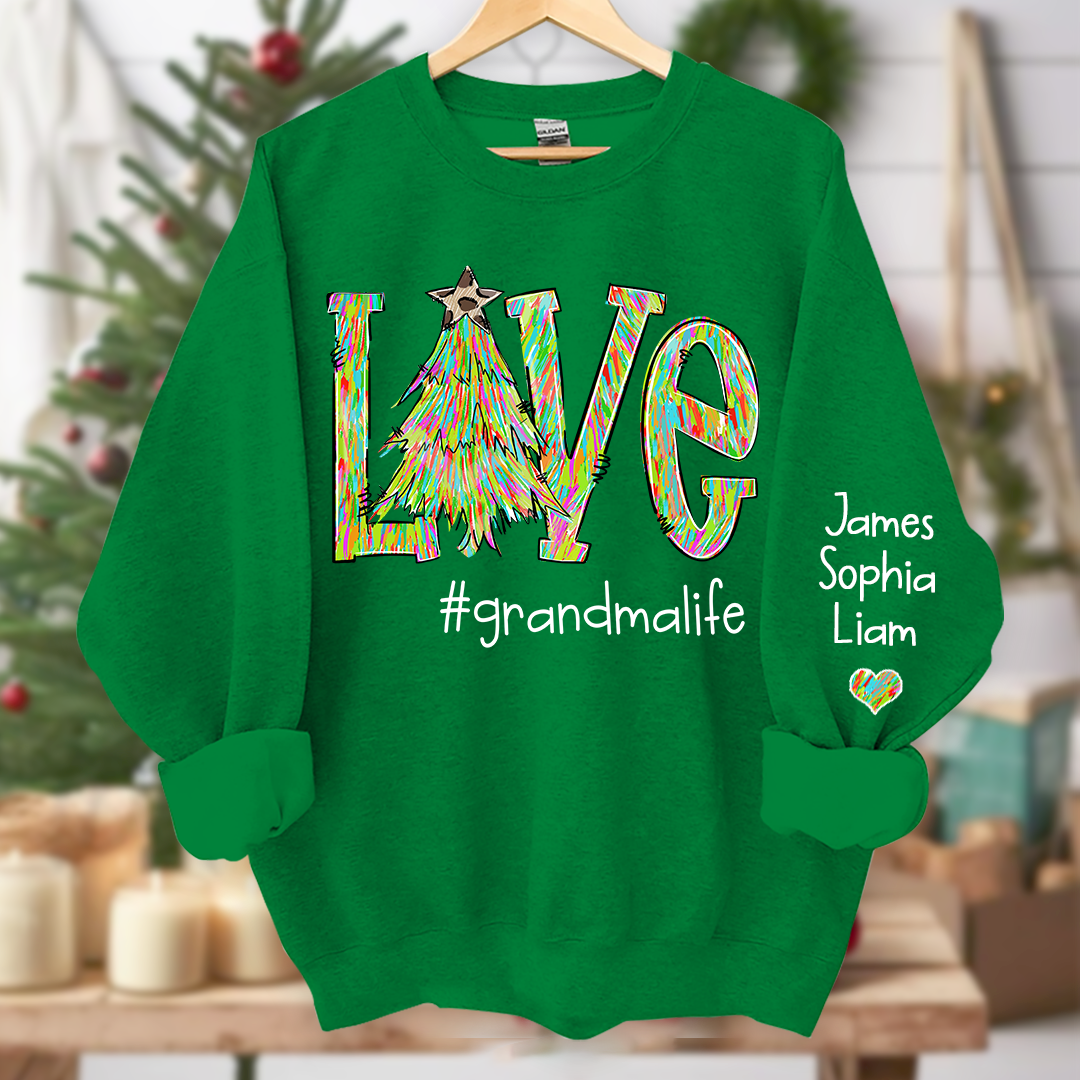 Lofaris Love Tree Color Leopard Print Merry Christmas Grandmalife and Grandkids on sleeve Sweatshirt