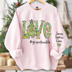 Lofaris Love Tree Color Leopard Print Merry Christmas Grandmalife and Grandkids on sleeve Sweatshirt