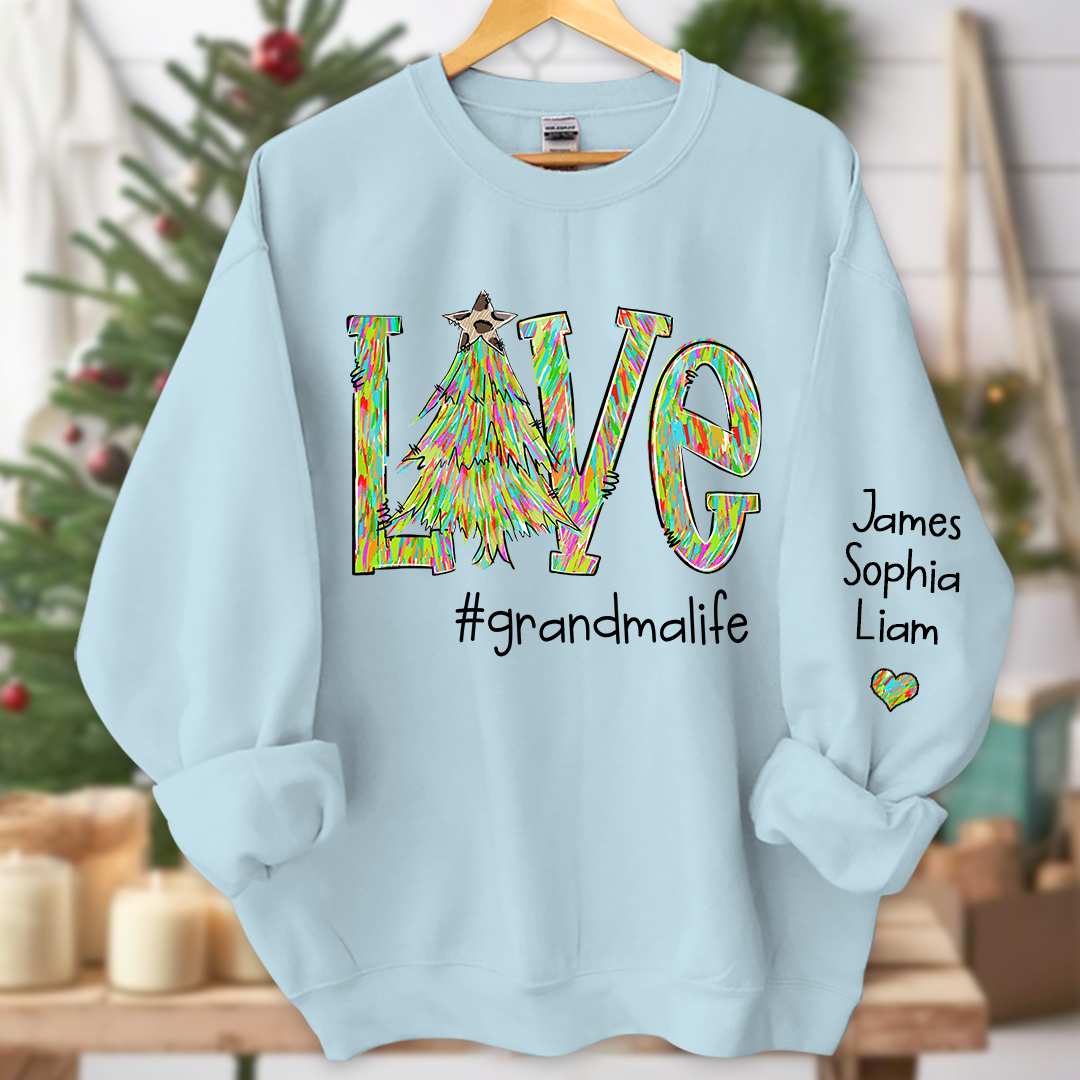 Lofaris Love Tree Color Leopard Print Merry Christmas Grandmalife and Grandkids on sleeve Sweatshirt