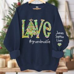 Lofaris Love Tree Color Leopard Print Merry Christmas Grandmalife and Grandkids on sleeve Sweatshirt