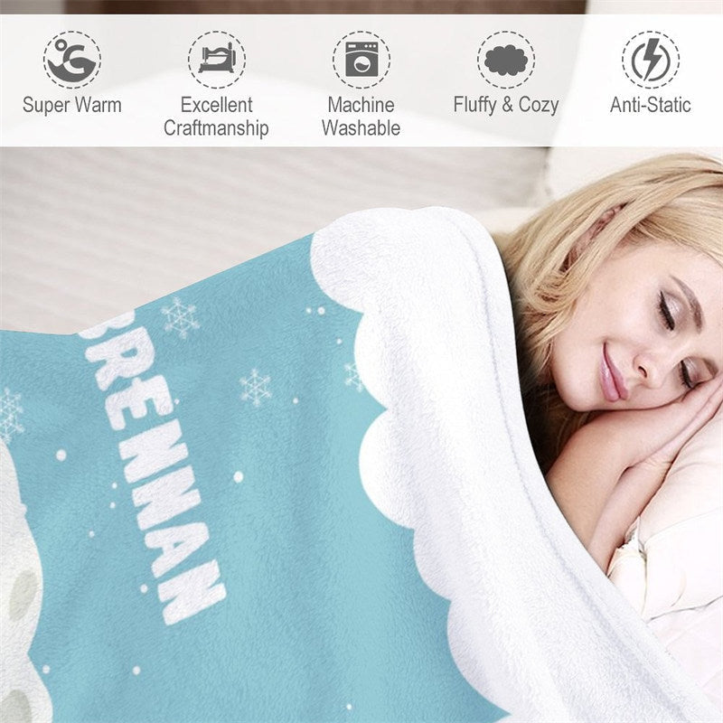 Lofaris Lovely Polar Bear Snow Scene Blue Custom Name Blanket