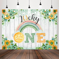 Lofaris Lucky One Rainbow Floral Wood 1st Birthday Backdrop