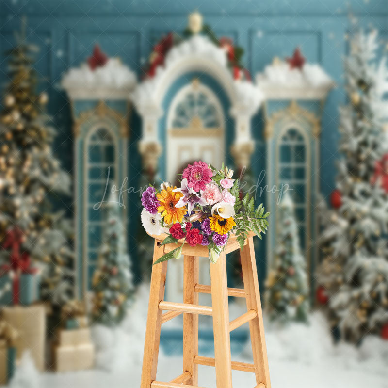 Lofaris Luxury Teal White Tree Snow Scene Christmas Backdrop