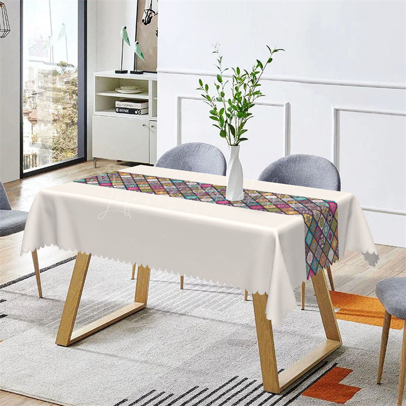 Lofaris Mandala Plaid Kitchen Beige Rectangle Tablecloth