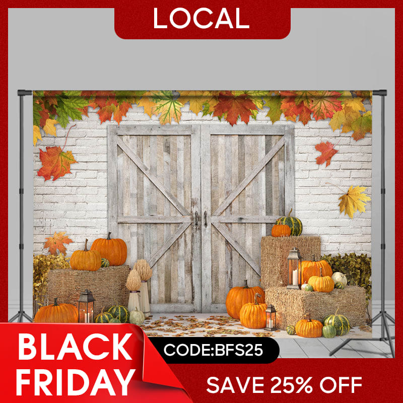 Lofaris (7 Day Delivery) Maple Pumpkin Brick Wall Wooden Door Autumn Backdrop