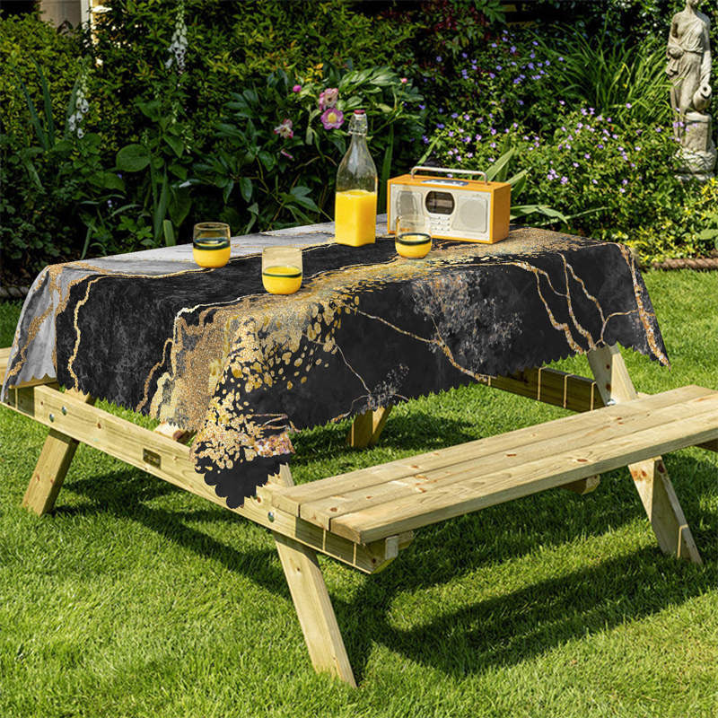 Lofaris Marble Mosaic Black Grey Gold Rectangle Tablecloth