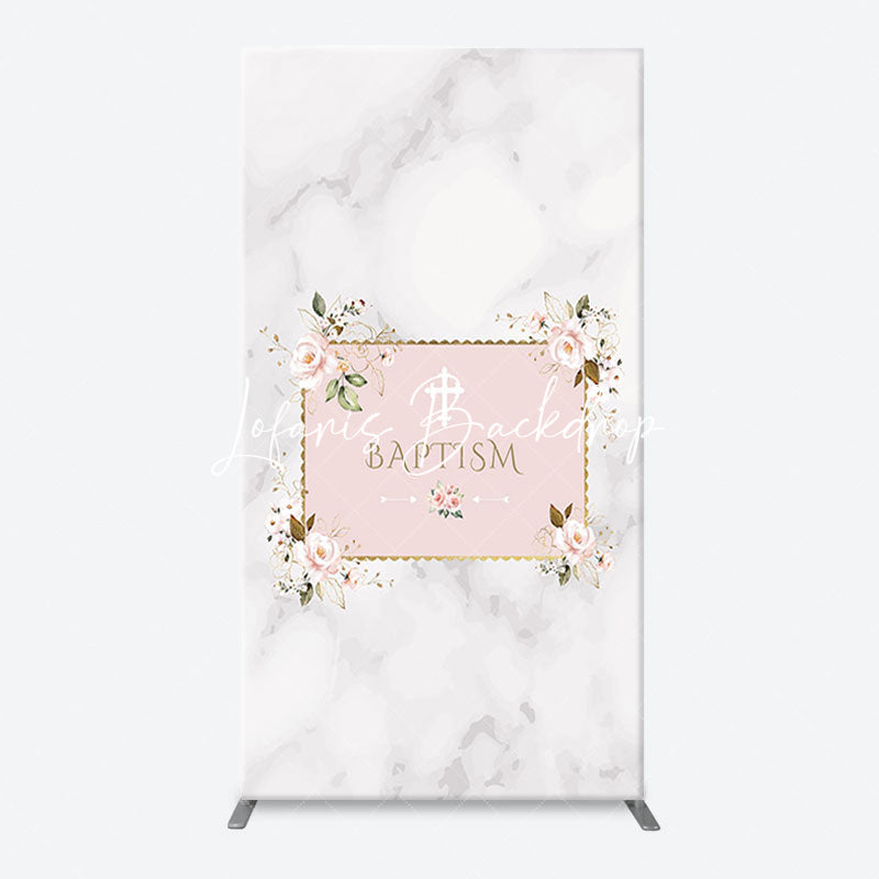 Lofaris Marble White Pink Floral Cross Baptism Arch Backdrop