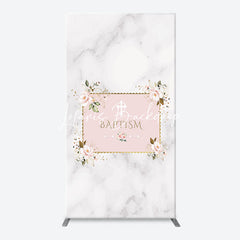 Lofaris Marble White Pink Floral Cross Baptism Arch Backdrop