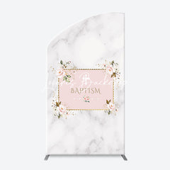 Lofaris Marble White Pink Floral Cross Baptism Arch Backdrop