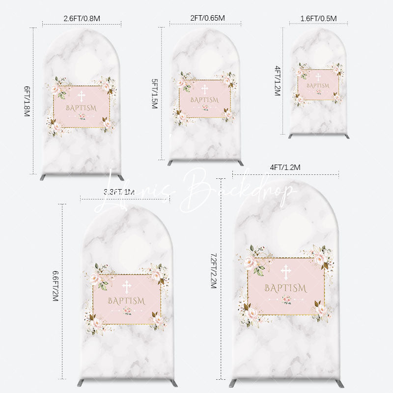 Lofaris Marble White Pink Floral Cross Baptism Arch Backdrop