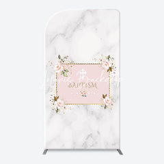 Lofaris Marble White Pink Floral Cross Baptism Arch Backdrop