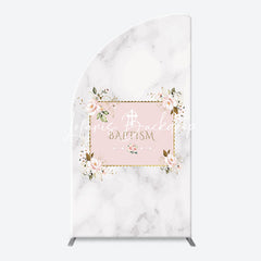 Lofaris Marble White Pink Floral Cross Baptism Arch Backdrop