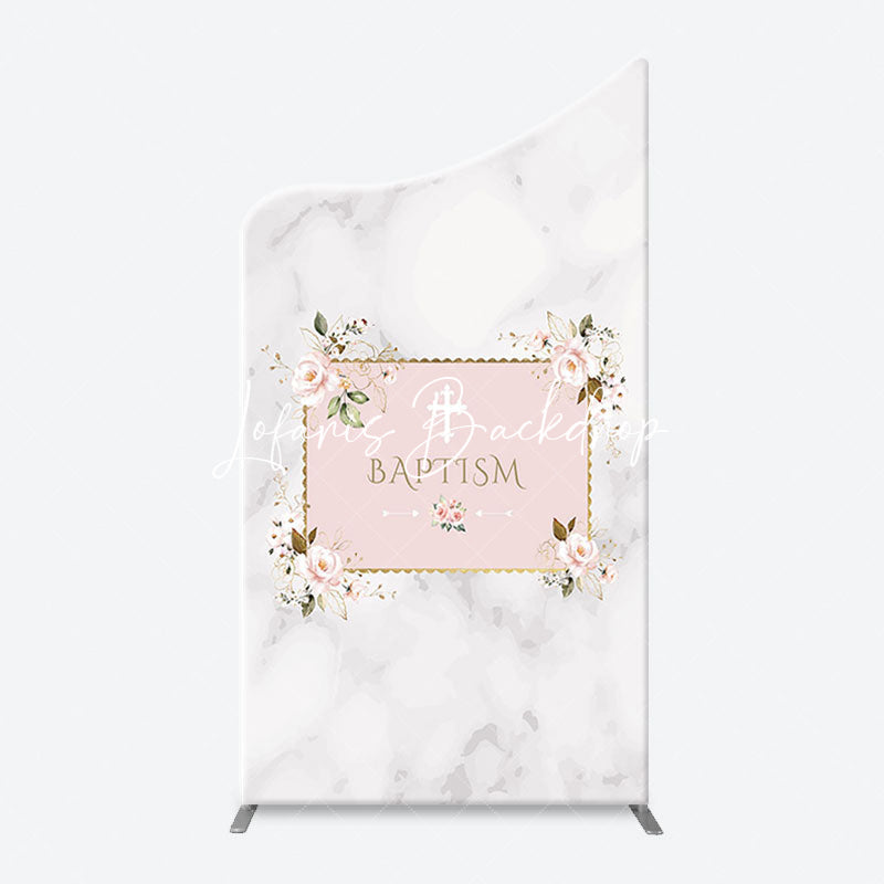 Lofaris Marble White Pink Floral Cross Baptism Arch Backdrop