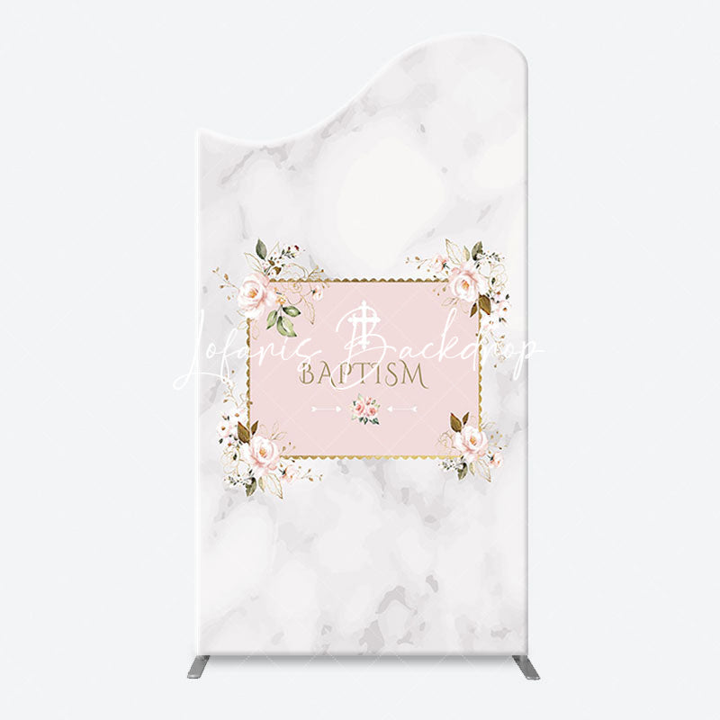 Lofaris Marble White Pink Floral Cross Baptism Arch Backdrop