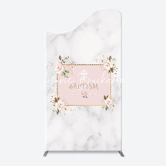 Lofaris Marble White Pink Floral Cross Baptism Arch Backdrop