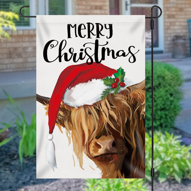 Lofaris Merry Christmas Cow Santa Hat Burlap Garden Flag