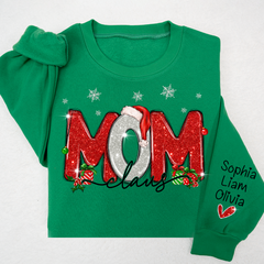Lofaris Merry Christmas Glitter Mom Cute Sweatshirt And Kids Name On Sleeve Minimalist Cool Sweater Personalized Mother Day Gift For LTP01