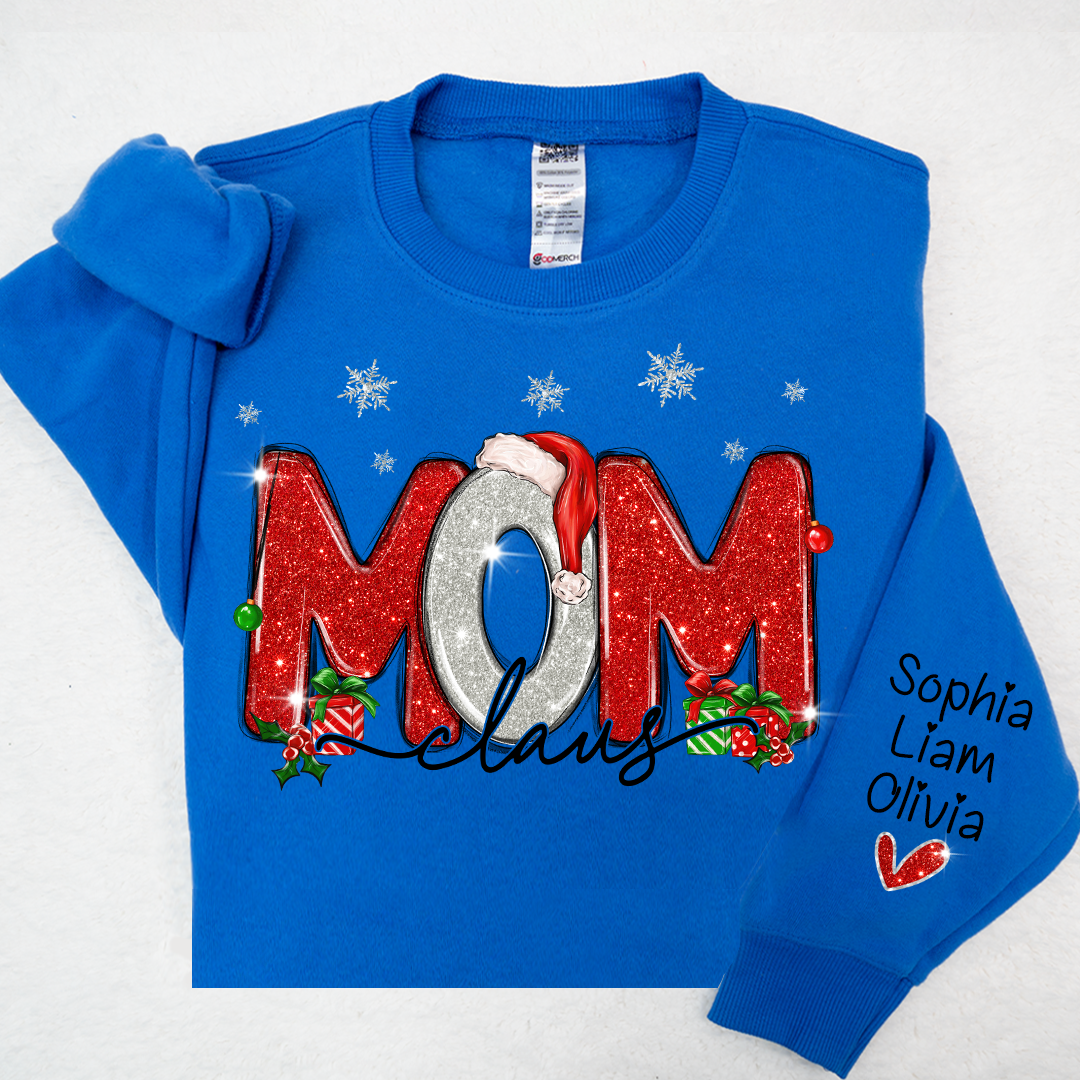 Lofaris Merry Christmas Glitter Mom Cute Sweatshirt And Kids Name On Sleeve Minimalist Cool Sweater Personalized Mother Day Gift For LTP01