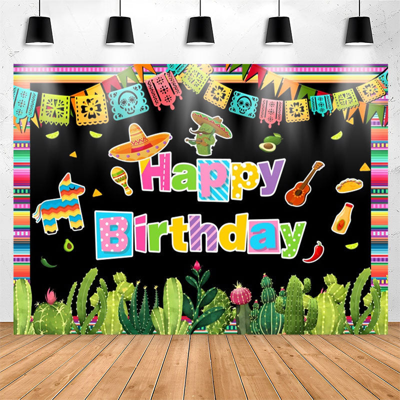 Lofaris Mexican Fiesta Colored Flag Cactus Birthday Backdrop